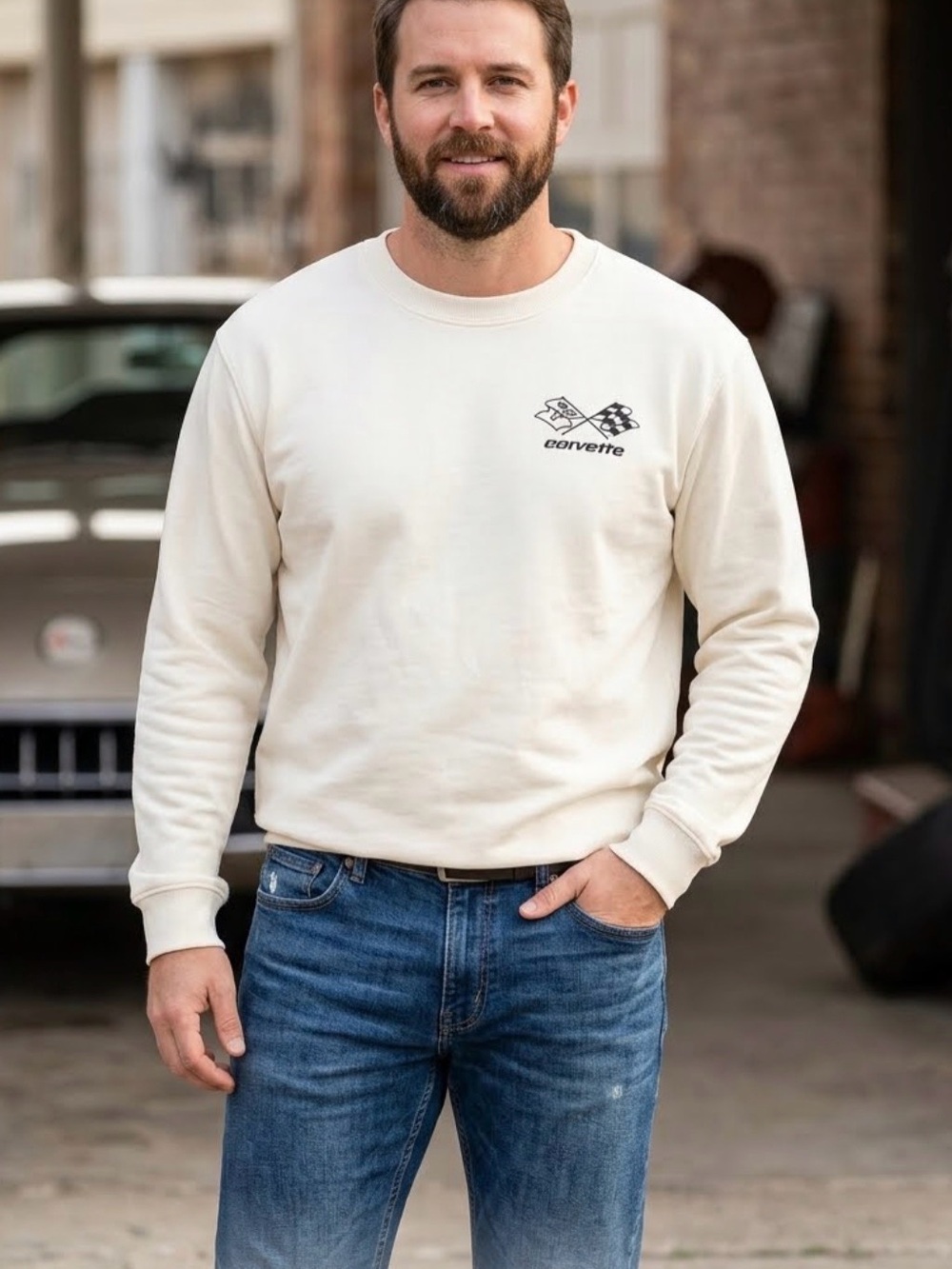 Chemistry Men's Cream Crewneck with Corvette Logo-XL